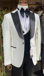  Mens Ivory With Black Lapel Tuxedo With Vest and Pants