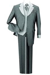  Mens Pinestripe Fashion Suit with Contrast Collar Cuffs and Vest Black