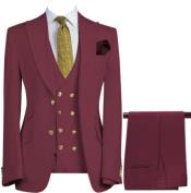  Mens 3-Piece Suit Notch Lapel Burgundy