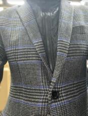  Mens Houndstooth Charcoal Grey With Blue Pattern Plaid Blazer - Windowpane Sport