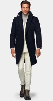  Double Breasted and Cashmere Overcoat - Navy 3/4 Length Car Coat