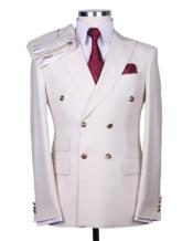  Slim Fitted Cut Double Breasted Suit With Gold Buttons - Off White - Cream - Ivory Suit Flat