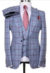  3 Piece Vested Suits - Steel Blue Suit With Red Windowpane -