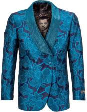  Mens Turquoise Tuxedo Jacket With Floral Pattern Shawl Lapel Double Breasted -