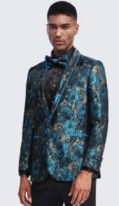  Mens Turquoise And Grey Tuxedo Jacket Floral Pattern Slim Fit - Blazer