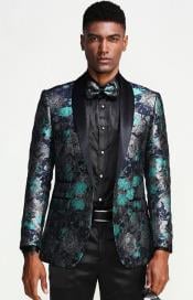  Turquoise Tuxedo Jacket Floral Pattern Slim Fit - Blazer