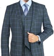  Charcoal Grey With Blue Windowpane Vested Suit - Plaid Suit