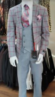  Light Grey With Burgundy Window Pane - Gray Plaid Suit With Double