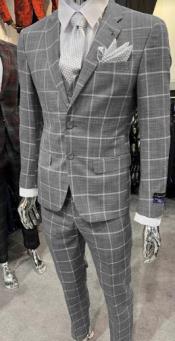  Mens Big Plaid Suits - Windowpane Suit - Grey