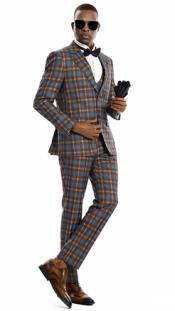  Mens Two Button Brown Plaid Skinny Fit Suit
