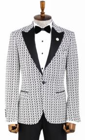  Style#-B6362 White and Black Patterned Tuxedo Blazer - White Tuxedo Jacket