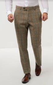  Taupe - Tan Patterned Pants - Brown Windowpane Check Tweed Slacks