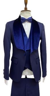 Mens Vested Designer Wide Velvet Wedding Tuxedo in Midnight Blue