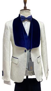  Mens Vested Designer Wide Velvet Wedding Tuxedo in Ivory and Royal Blue