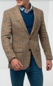  100% Wool Windowpane Blazer - Beige Plaid Sport Coat - Brown Windowpane