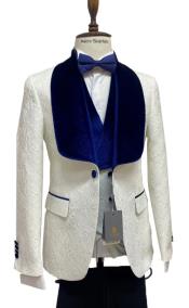  Mens One Button Shawl Tuxedo in Ivory Paisley Pattern Suit