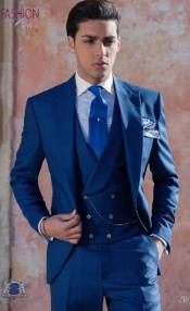  Mens Suits With Double Breasted Vest - Single Button Peak Lapel Royal