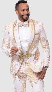  White and Gold Tuxedo - Flower Floral Suit - Paisley Suit