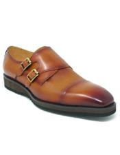  Carrucci Cognac Leather Double Monk Strap Mens Dress Shoe