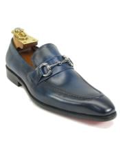  Carrucci Navy Signature Leather Horse Bit Buckle Mens Loafer