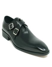  Carrucci Black Leather Cross Double Buckle Monk Strap Mens Loafers