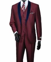  Burgundy and Navy Blue Lapel Vested 3 Piece Tuxedo Suit