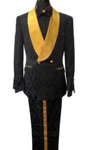  Mens Two Button Double Breasted Shawl Lapel Slim Fit Black and Gold