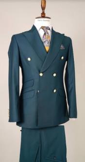  100% Wool Double Breasted Blazer with Gold Buttons - Green Sport Coat