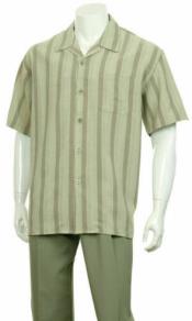 Mens 2pc Walking Suit Short Sleeve Casual Shirt and Pants Set Olive