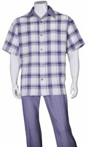 Mens 2pc Walking Suit Short Sleeve Casual Shirt and Pants Set Purple