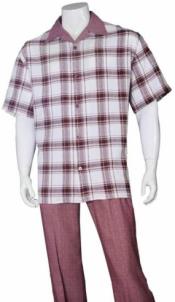 Mens 2pc Walking Suit Short Sleeve Casual Shirt and Pants Burgundy