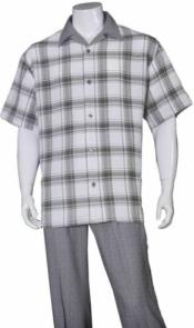 Mens 2pc Walking Suit Short Sleeve Casual Shirt and Pants Gray