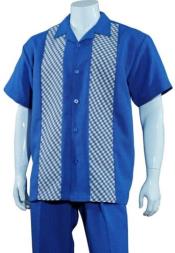 Mens 2pc Walking Suit Short Sleeve Casual Shirt and Pants Set Blue