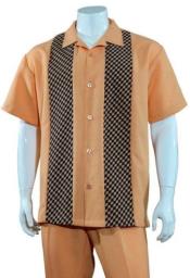 Mens 2pc Walking Suit Short Sleeve Casual Shirt and Pants Set Rust