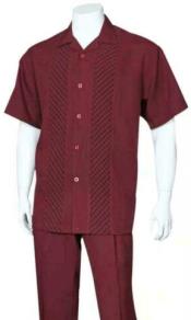 Mens 2pc Walking Suit Short Sleeve Casual Shirt and Pants Set Burgundy