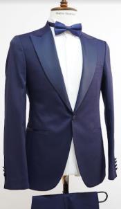  Mens One Button Peak Label Suit Navy Blue