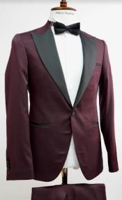  Mens One Button Peak Label Suit Burgundy and Black