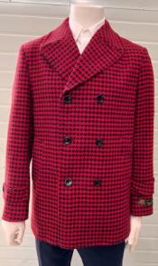  Mens Red Peacoat - Houndstooth Red and Black Pattern Car Coat