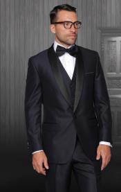  Indigo Shiny Tuxedo Vested Suit - Sateen Sharkskin Fabric Groom Suit