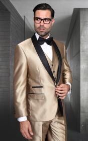  Champagne Shiny Tuxedo Vested Suit - Sateen Sharkskin Fabric Groom Suit