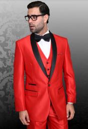  Red Shiny Tuxedo Vested Suit - Sateen Sharkskin Fabric Groom Suit