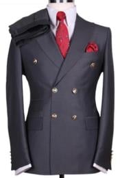  Charcoal Grey Wool Double Breasted Suit - With Brass Buttons Flat Front