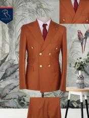  Mens Rust - Burnt Orange Wool Double Breasted Suit - With Brass Buttons Flat Front Pants Slim Fit
