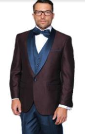  Burgundy and Navy Blue Lapel Tuxedo With Navy Blue Pants and Navy