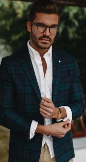  Style#-B6362 Mens Green Plaid Blazer - Business Wool Blue Checkered Sport Coat