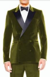  Style#-B6362 Mens Olive Velvet Tuxedo Sport Coat - Velvet Suits Double Breasted