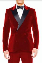  Style#-B6362 Mens Red Velvet Tuxedo Sport Coat - Velvet Suits Double Breasted
