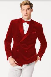  Style#-B6362 Mens Red Velvet Tuxedo Sport Coat - Velvet Suits Double Breasted