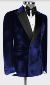  Style#-B6362 Mens Navy Velvet Tuxedo Sport Coat - Velvet Suits Double Breasted