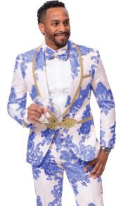  White and Dark Blue Tuxedo - Flower Floral Suit - Paisley Suit